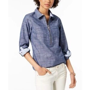 TOMMY HILFIGER Chambray Half-Zip Denim Top with Striped Cuff Detail